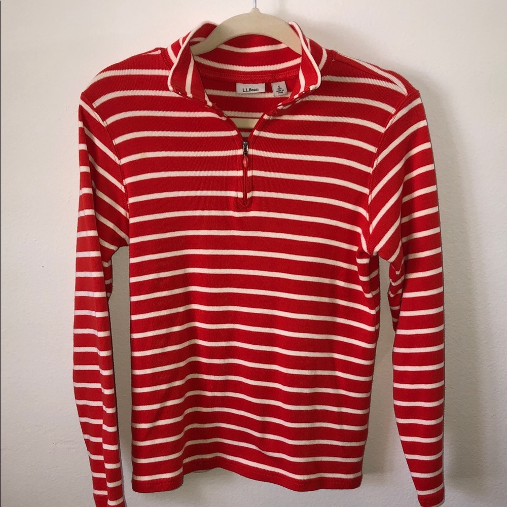 LL BEAN Women’s Orange/White Striped Long Sleeve Shirt 1/4 Zipper Small
